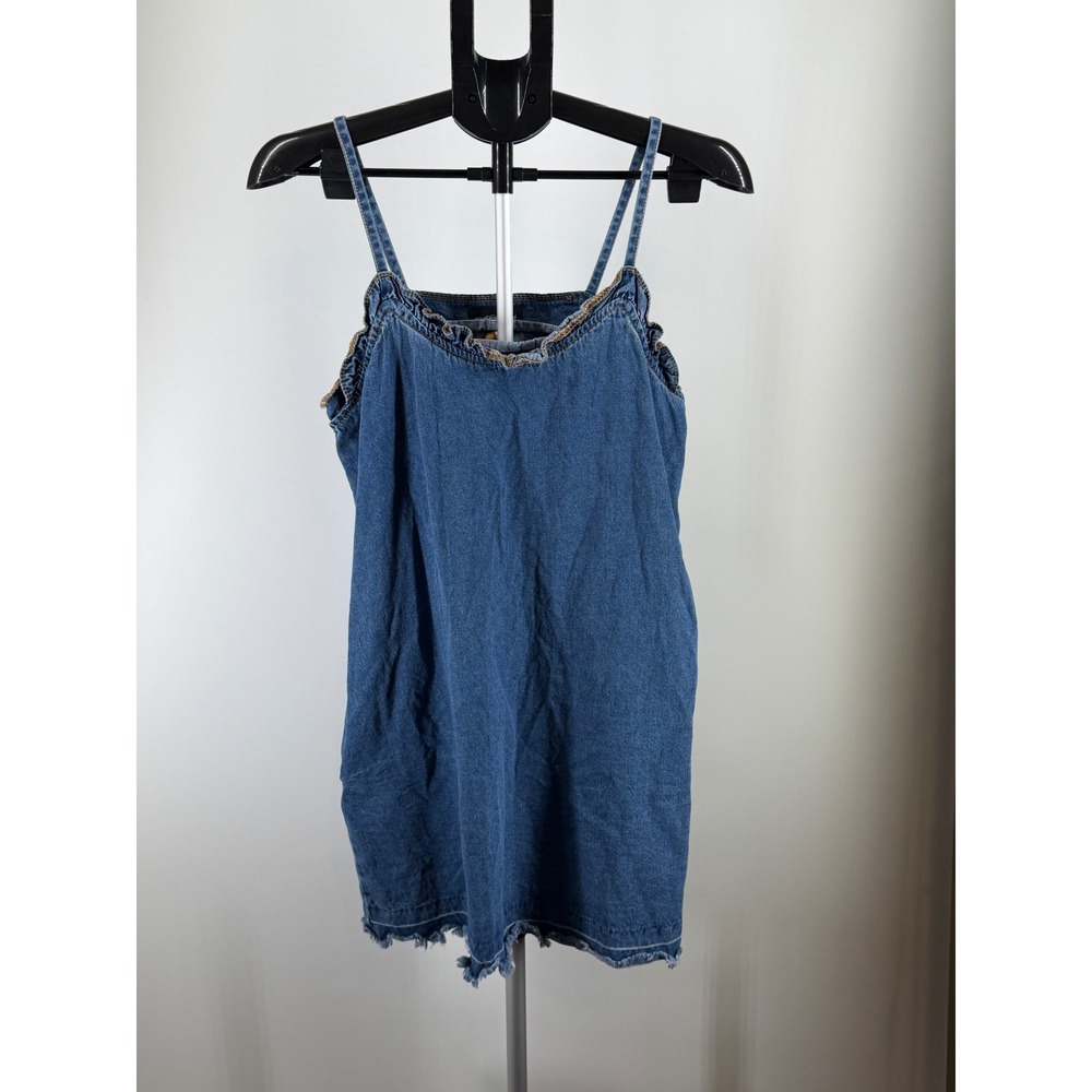 Mustard Seed Denim Ruffles Neck Mini Dress Frayed Hem Spaghetti Strap Small